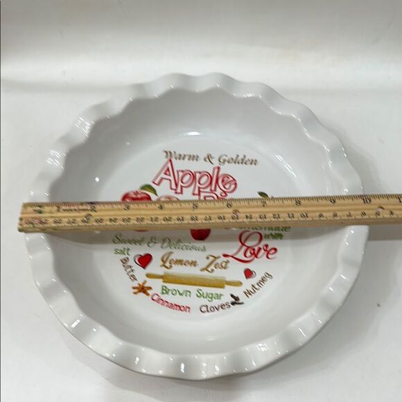 Apple Pie Ceramic Pie Dish 10 X 1 1/2 Inches Warm Golden White Red Fruit - Picture 4 of 5